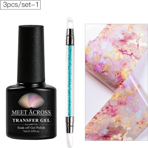 MEET ACROSS Nail Glue With Nail Foils Sticker Set Marble Series Foil Stickers Transfer Glue Decal Tool for Decoration