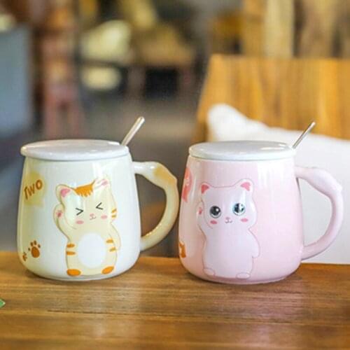 New 420mL Japanese Style 3D Relief Cat Coffee Mug with Lid and Spoon Creative Cute Cat Pattern Milk Tea Juice Water Ceramic Cups