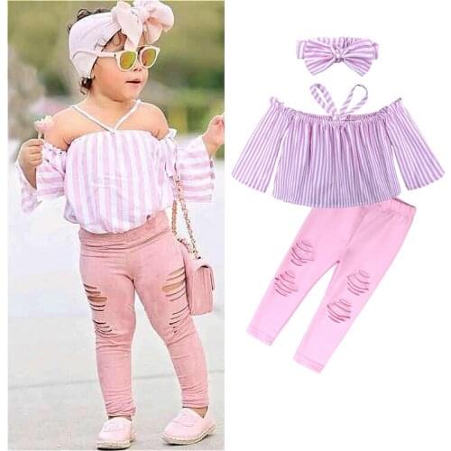 3Pcs Kids Girls Clothes Sets 2021 Summer Autumn Children Off Shoulder Long Sleeve Stripe Tops + Ripped Pants + Headband Outfit