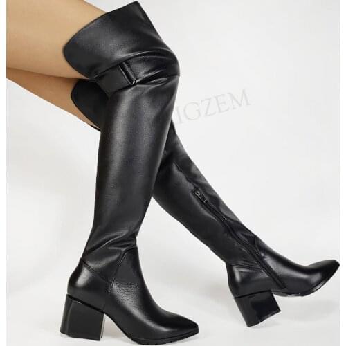 LAIGZEM Quality Women Knee High Boots Leather+ Synthetic Block Heels Boots Side Zip Ladies Shoes Woman Botas Big Size 38 39 42