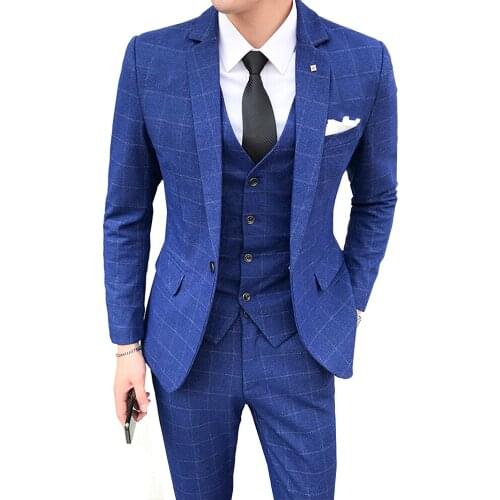 Men New Suits Coat Korean Style Plaid Business Casual Male Clothing Single Breasted Wedding 3 Piece Set Blazers Pants Vest S-5XL