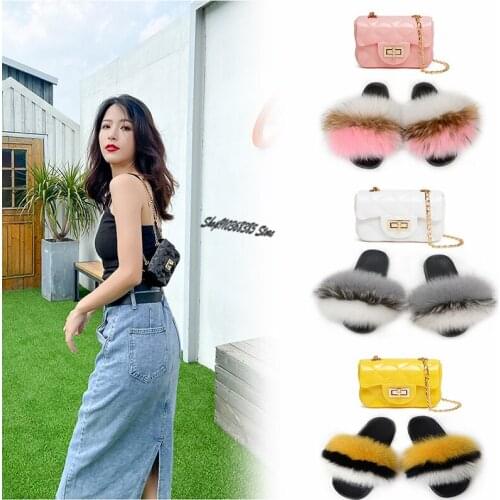 Color Jelly Bag Set Women Shoulder Diagonal Lipstick Key Bags Ladies Furry Fox Fur Slippers Fluffy Home Slides Plush Fur Shoes