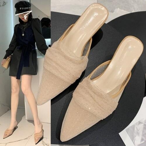 2021 New Baotou Half Slippers Women Fashion Pointed Stiletto Ladies Rhinestone Mesh Sandals and Slippers Women Womens Sandals
