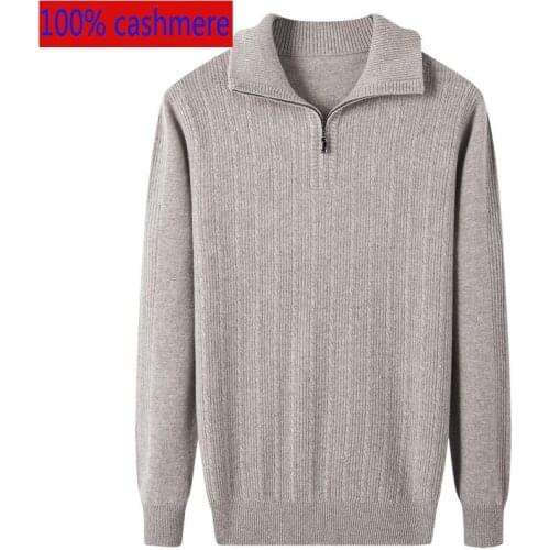 New Winter 100% Cashmere Sweater Men Casual Computer Knitted Sweatercoat Thick High Quality Fashion Turn-down Collar Size XS-3XL