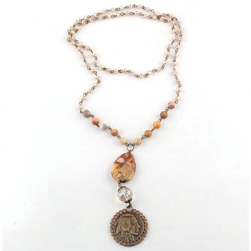 RH Fashion Bohemian Jewelry Accessory Natural Stones /Glass Crystal Buffalo Pendant Necklaces Women Boho Necklace Gift Dropship