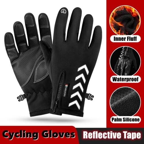 Warm Cycling Gloves Reflective Strip Winter Fluff Waterproof Non-slip Outdoor Sports Skiing Touch Screen Night Cycling Glove