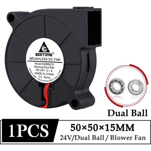 1Pcs Gdstime DC 24V Fan 50mmx15mm 50mm Dual Ball Bearing 2Pin 3D Printer Cooler Fan 5CM 50x15mm Turbo Radial Blower Cooling Fan