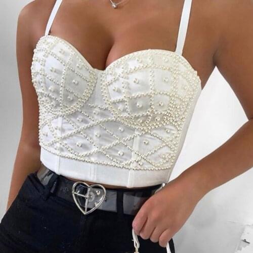 Y166 Women Sexy Spaghetti Strap Bustier Bra Pearl Beaded Corset Camisole Top Clubwear