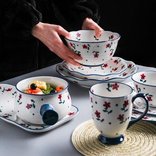 Japanese Hand Color Small Red Flower Ceramic Tableware Domestic Rice Bowl Soup Bowl Noodles Bowl Dishes Plate Mug