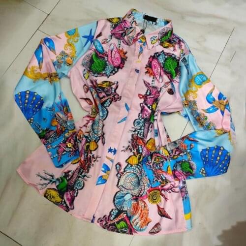 Pink Long Sleeve Casual Women Summer Shirt Long Sleeve Elegant Pearl Print Fashion Blouse Top Clothes Summer Luxury Brand