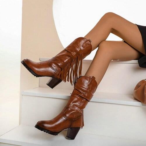 Sianie Tianie retro lady boots shoes cowgirls western womans boots brown extra big size 34-48 loose mid-calf boots with fringes