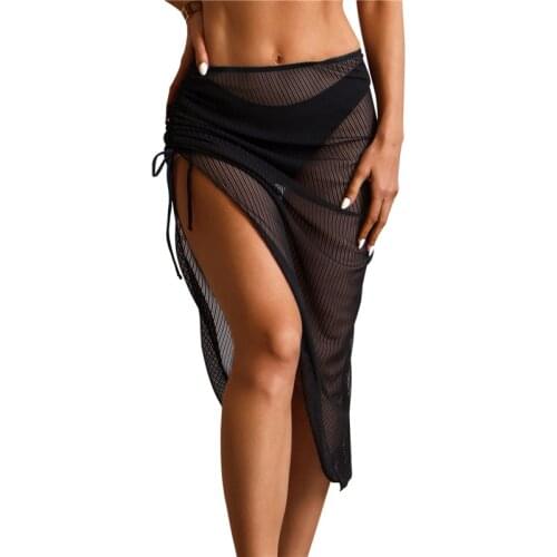 Women Summer Beach Skirts Perspective Bikini Cover Ups Black White Side Split High Waist Drawstring Tie-Up Beach Skirt For Women
