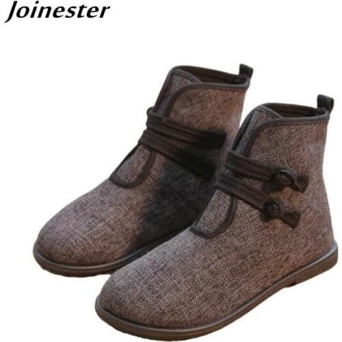 Spring Women Cotton Fabric Vintage Ankle Boots Ladies Casual Button Short Booties Flat Heeled Female Pure Color Boot