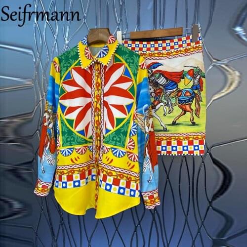 Seifrmann New 2021 Autumn Women Fashion Designer Skirts Set Long Sleeve Loose Blouses + Vintage Print Skirts 2 Two Pieces Suits