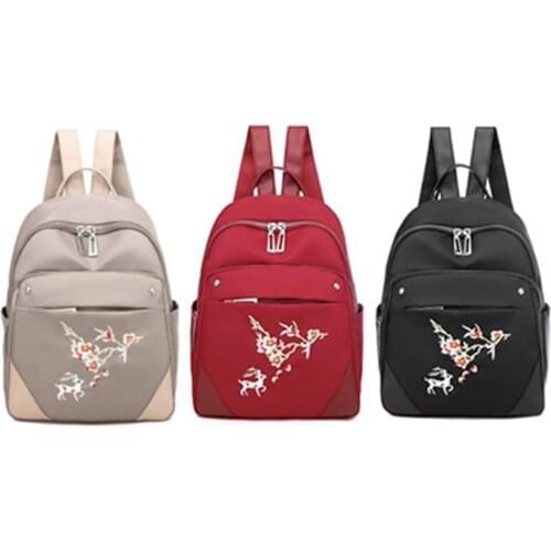 Chinese Style Flower Embroidery Womens Backpack Waterproof Oxford Small School Bag Youth Travel Shoulder Bag