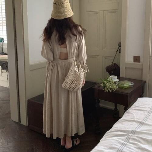 2021 New Women Summer Beige Backless Long Dress Elegant Round Collar High Waist A-line Pullover Folds Midi Sundress