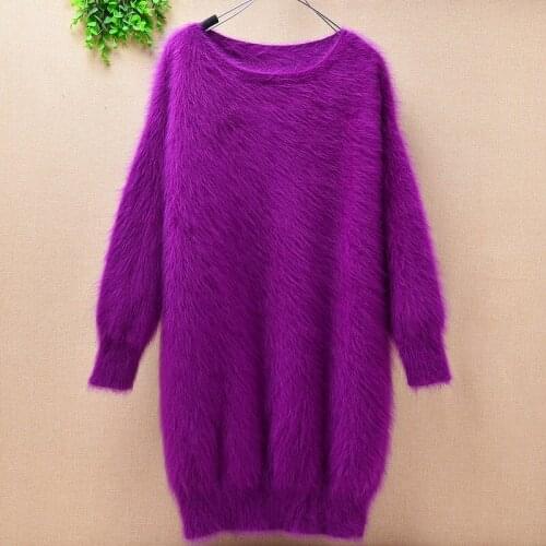 Ladies women medium long purple mink cashmere o-neck loose fluffy angora rabbit fur loose hand knitted pullover sweater dress