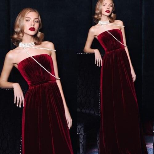 2020 Burgundy Velvet Evening Dresses Strapless A Line Girls Prom Dress Robes De Soirée Customize Vestidos Formales