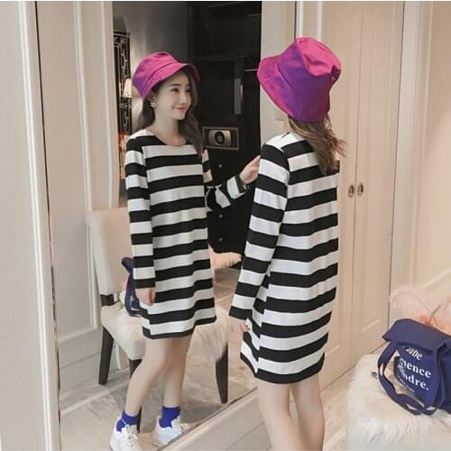 #2138 Cotton Striped Mini Tshirts Dresses Women Summer Long Sleeve O-neck T Shirt Dress Woman Korean Clothing Large Size Dresses
