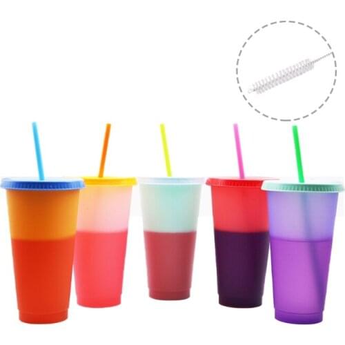 5 Pcs Temperature Change Color Changing Rainbow Cup with Straw and Lid Reusable 720ml Plastic Cup with Straw Decoration
