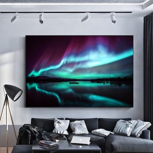 Aurora Lake Art Canvas Print Painting Borealis Night Landscape Wall Picture Nordic Morden Living Room Home Decoration Poster