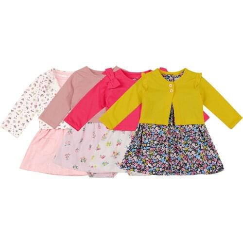 Children Baby Girls Two-piece Dress Clothes Set Printed Pattern Round Collar Dress and Long Sleeve Coat Autumn Winter Outwear