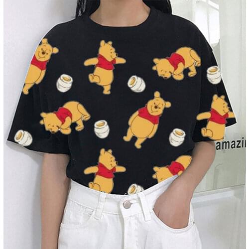 Disney Winnie the Pooh Printed T-shirt Womens Short Sleeve Round Neck Clothing 9 Colors White Black Loose Womens T-shirt