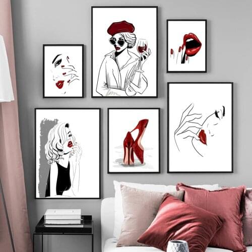 Fashion Red Lips Girl High Heels Salon Wall Art Canvas Painting Nordic Posters And Prints Wall Pictures For Living Room Decor