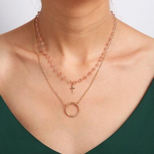 Classic Cross Circle Beaded Pendant Necklace Charming Multi Layer Gold Clavicle Chain Choker Fashion Women Party Jewelry