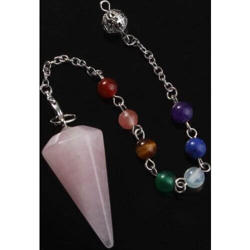 Trendy-beads Popular Silver Plated Rose Pink Quartz Hexagon Pyramid ReiKi Chakra Pendulum Pendant Fashion Jewelry