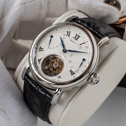 Top High-End Men Tourbillon Wristwatches ST8000 Calendar/Week Roasted Blue Needles Mechanical Watch Mens Leather Movement Clock