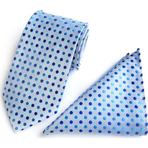 Wedding Party Mens Formal Ties Set Fashion Blue Spots Necktie with Pocket Square