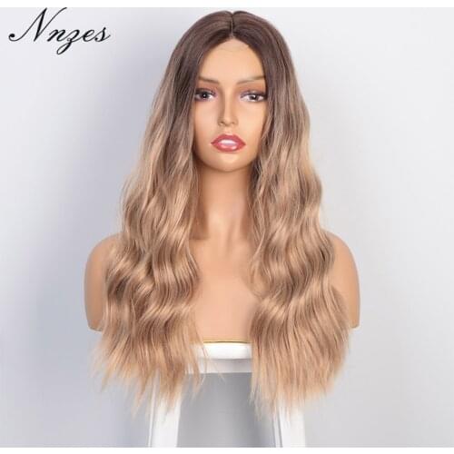 NNZES Synthetic Wig Long Natural Wave Ombre Blonde Wigs for Black Women Smoonth Middle Part Black Brown Daily Use Hairs