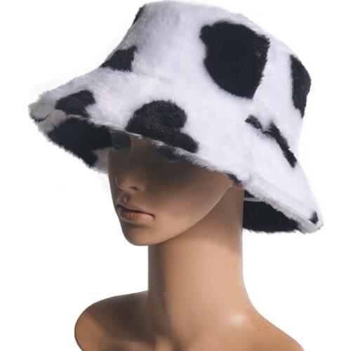 New Fashion Faux Fur Cow Print Bucket Hats Women Winter Panama Fisherman Caps Gorra