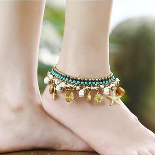 Leg Anklets For Women Ankle Bracelet Handmade Copper Beaded Stones Bell Woman Anklet Female Foot Jewelry Shell Fish Starfish