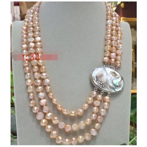 Natural 3Rows 8-9mm Australian south sea gold pink pearl necklace & beauty shell flower clasp 17"-20"