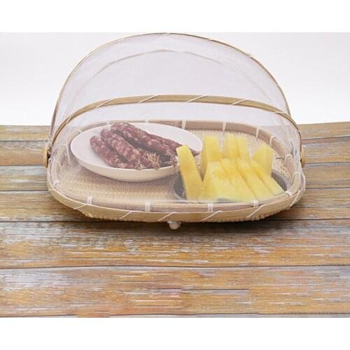 Handmade Bamboo Woven Portable Picnic Kitchen Protect Food Bread Dishes Serving Mesh Basket Anti-flies Fruit Tray Net Tent Cover