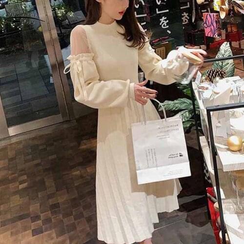 2021 Spring Knitted Dress Sexy Women Solid Mesh Long Sleeve Bow Dress Fashion Stitching Off-Shoulder Mid-Length Vestidos 11735