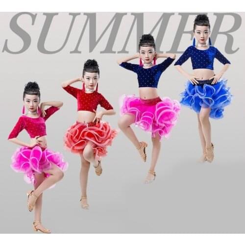 Childrens short-sleeved Latin dance practice performance clothing new style girls Latin dance skirt Latin competition clothing
