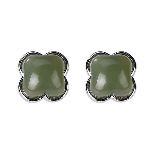 925 sterling silver Natural Hetian Gray jade Ear studs Retro Personality Simple Temperament Four-leaf clover Womens earrings
