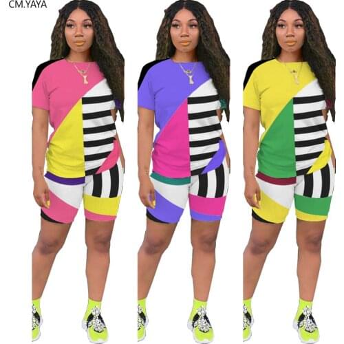 2020 Sporty Women Two Pieces Sets Summer Tracksuits Striped Print Tops+Jogger Shorts Leggings Sexy Suit Fitness Outfit GL6263
