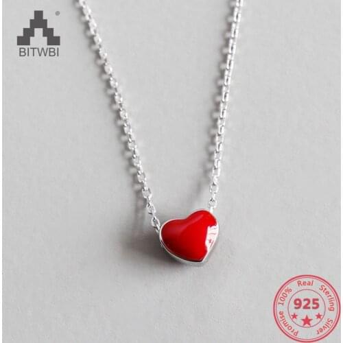 925 Sterling Silver Necklace Women Fashion Collier Cute Tiny Red Glaze Heart Pendant Necklace For Women Girls Lady Gifts