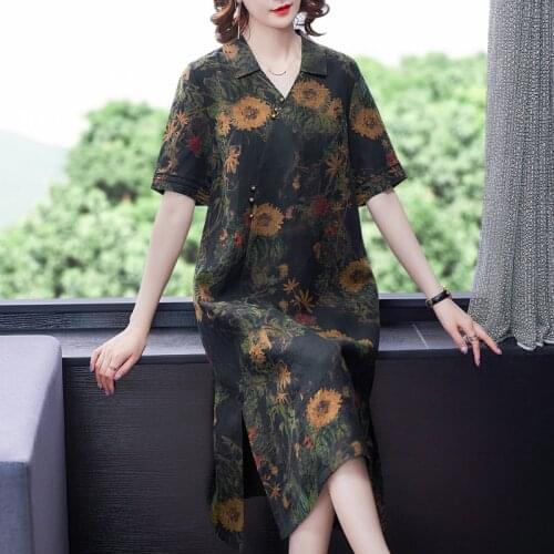 2021 Women Vintage Floral Mulberry Silk Midi Dress Summer Casual Loose 4XL Plus Size Print Dress Elegant Bodycon Party Vestidos