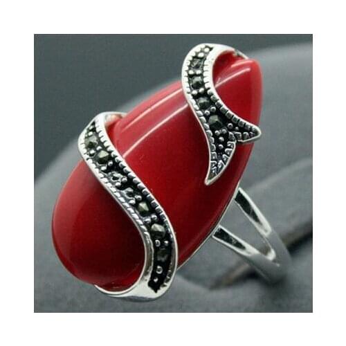 Free Shipping wholesale Unique 10X20mm Red Carved Lacquer Marcasite 925 Sterling Silver Lady Ring 7-10