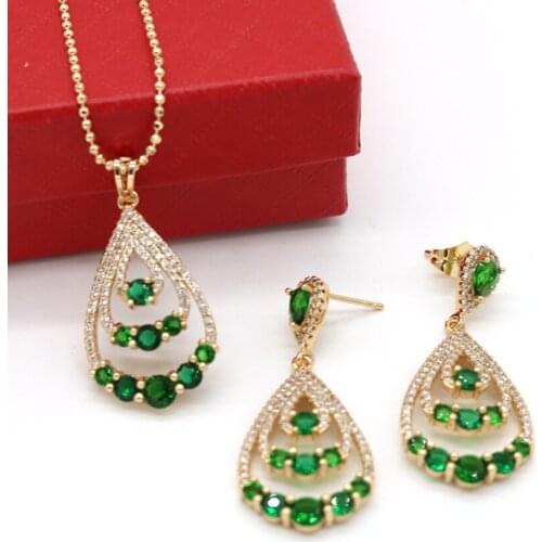 Teardrop Pendant Earrings Set Yellow Gold Filled Womens Sparkling Green Wedding Party Jewelry Set