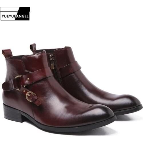 Mens Chelsea Boots With Buckle Genuine Leather Brogue Business Casual Shoes Office Wedding Dress Shoes Pointed Toe Ankle Botas