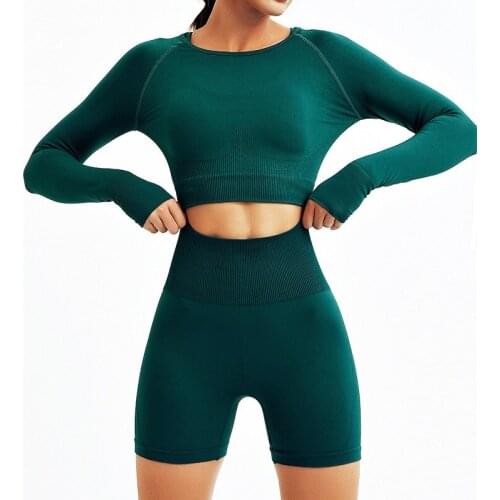 Solid Color Yoga Set Seamless Women Gym Sport Suit 2PCS Sportswear Fitness Long Sleeve Crop Top High Waist Shorts Workout Set
