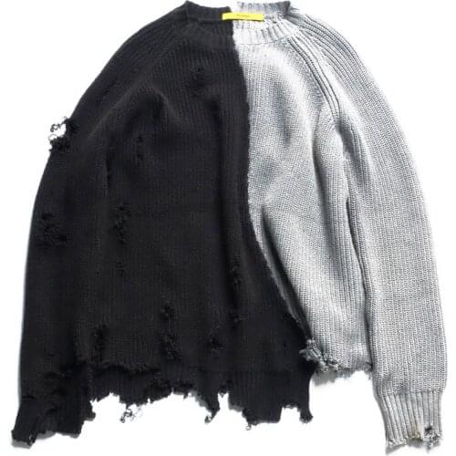 Autumn winter men ripped hole patchwork oversized knitted sweater irregular design hip hop punk knitwear women vintage pullover