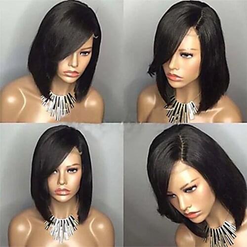 1b Black real human hair wig lace front wigs for women short Silky straight Bob Costume Wig with bangs with body hair