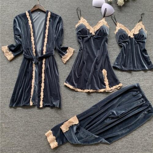 Lace Sexy Homewear Sleep Set Female Velour Long Sleeve Home Clothing 4PCS Pajamas Suit Nightwear Pijamas Suit Casual Sleepwear